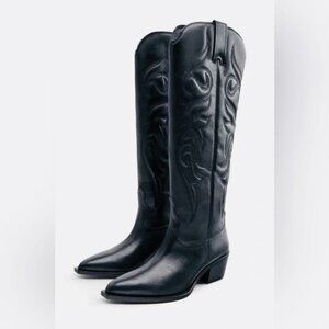 NWT!!ZARA GENIUNE LEATHER KNEE HIGH BOOT BLK. SZ.39